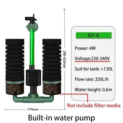 3-in-1 Submersible Aquarium Filter Pump (AC220V, Sponge + Biological + Chemical, Silent)