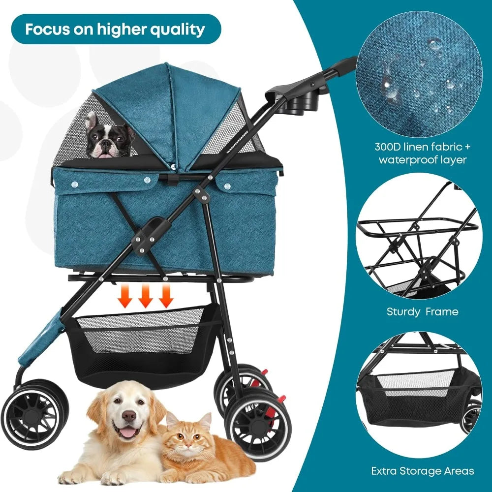 3-Wheel Pet Stroller for Small to Medium Dogs & Cats, Foldable with Mesh Canopy & Cup Holders, Easy Assembly