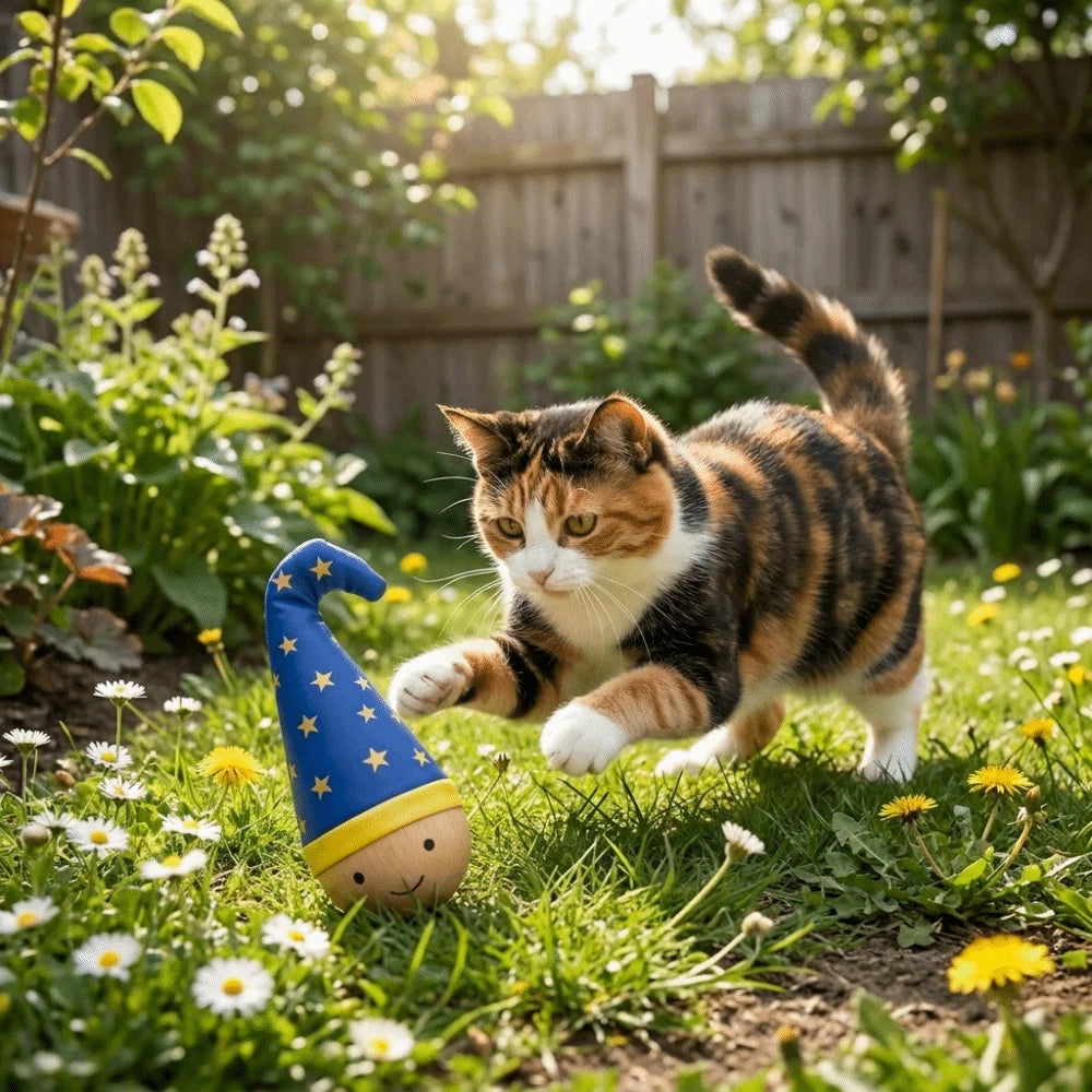 Wood Base Self-Balancing Turkey Feather Cat Tumbler — Bite-Resistant Cartoon Interactive Pet Training Toy
