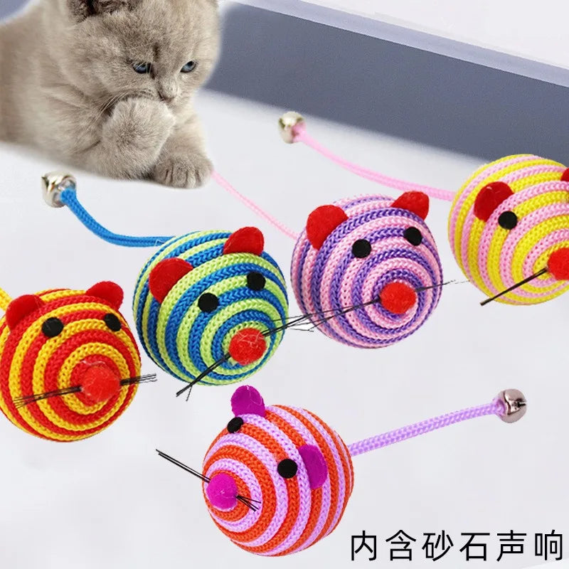 Stripe Nylon Rope Ball Mouse Cat Toy with Bell — Interactive Chew & Teaser Toy for Cats