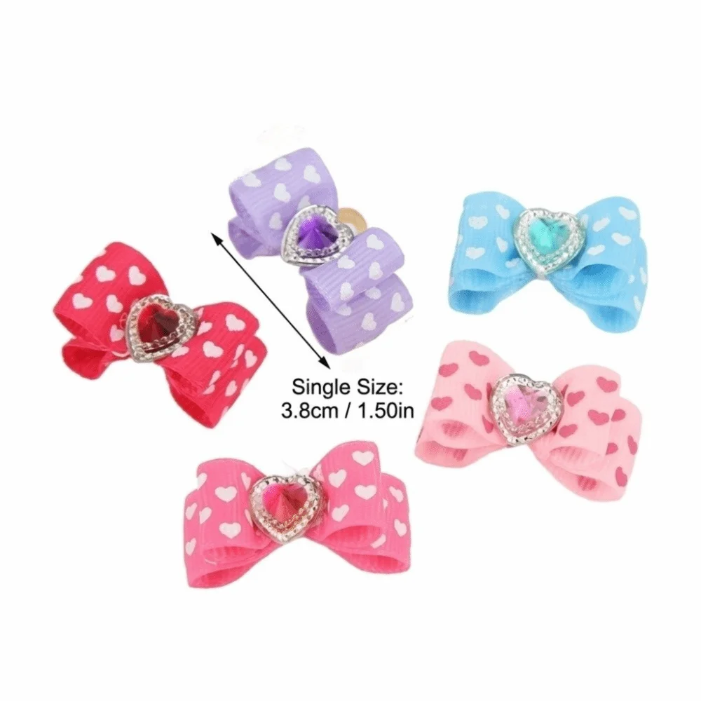 Heart-Shaped Pet Bow Hair Ties 20-Pack (Rhinestone, Elastic Band)