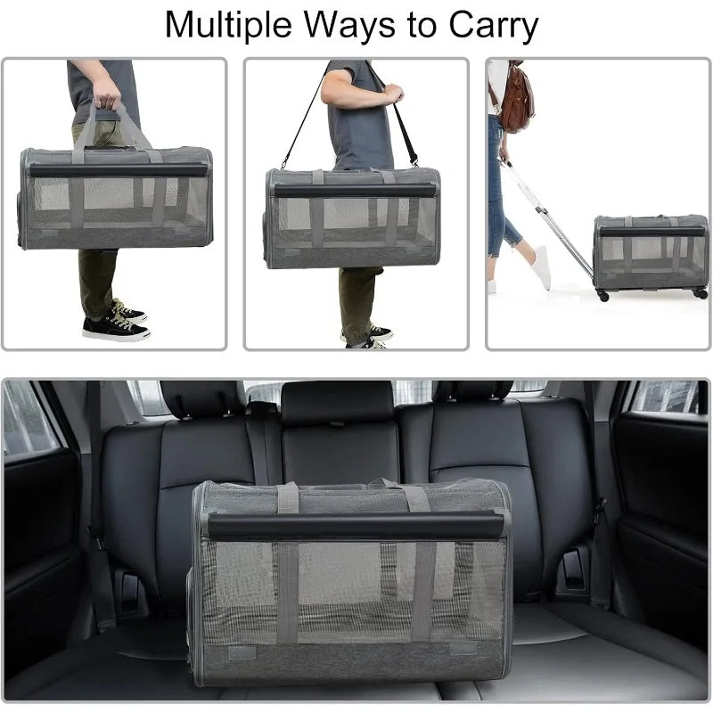 Large Rolling Pet Carrier with Wheels (up to 30lbs, Breathable, Collapsible)