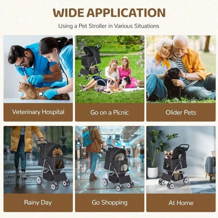 【New style】ZENY Foldable Pet Stroller Cat/Dog Stroller With 4 Wheel Pet Travel Carrier Strolling Cart With Storage Basket Cup H
