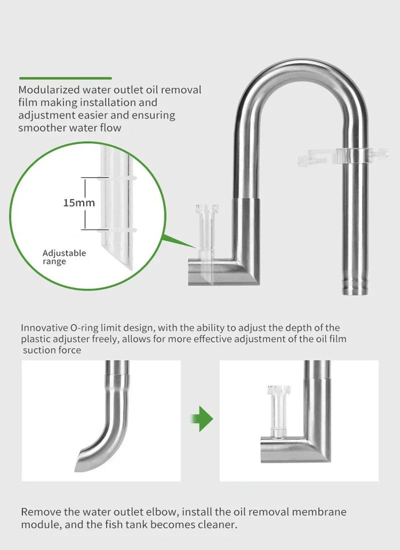 Stainless Steel Aquarium Filter Lily Pipe & Oil Film Skimmer (WYIN Style, Inflow/Outflow)