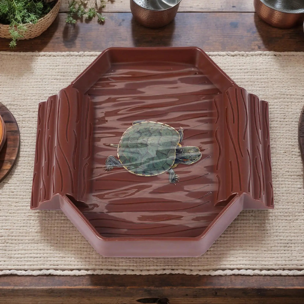 Tortoise Water Dish Anti-Slip Reptile Pool Dish Decorative Turtle Bath Tub with Ramp for Tortoise Snake Gecko Tank Accessory