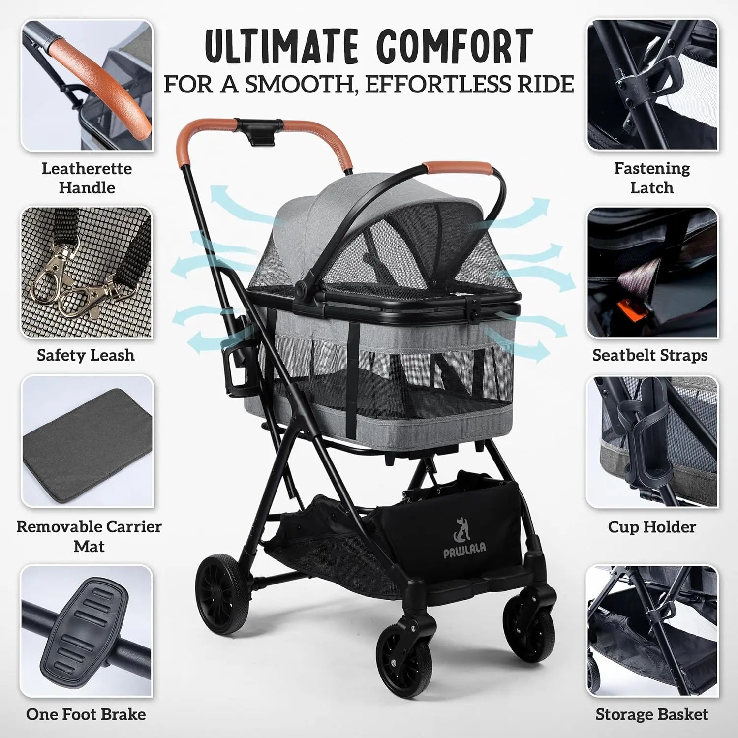 3-in-1 Pet Stroller for Small Dogs & Cats, Compact Fold, All-Terrain Wheels, Gray