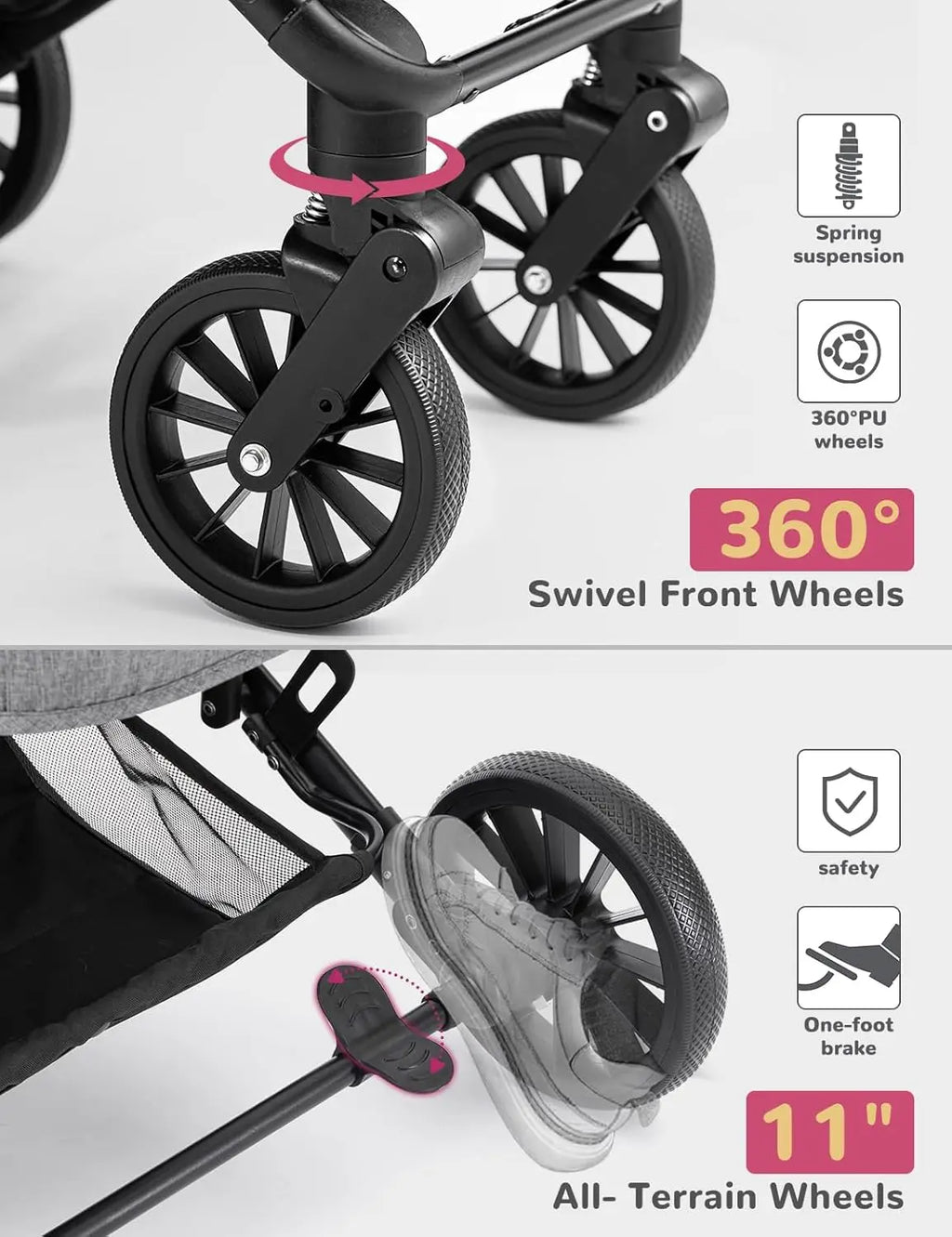 Travel for Small and Medium Dogs and Cats, 4 Wheels, Folding, Detachable Carrier, Breathable, Grey
