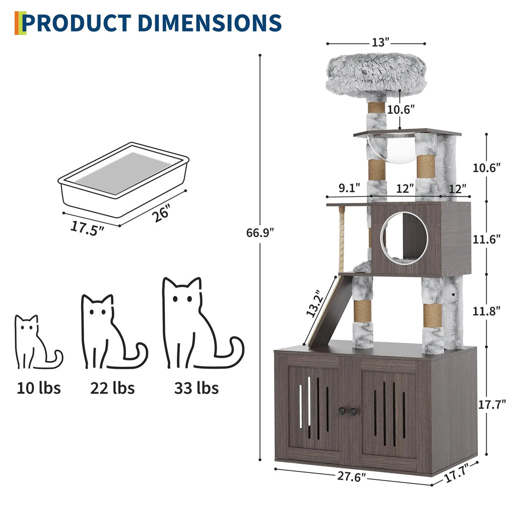 66.9in Multi-Level Cat Tree Tower with Enclosed Litter Box
