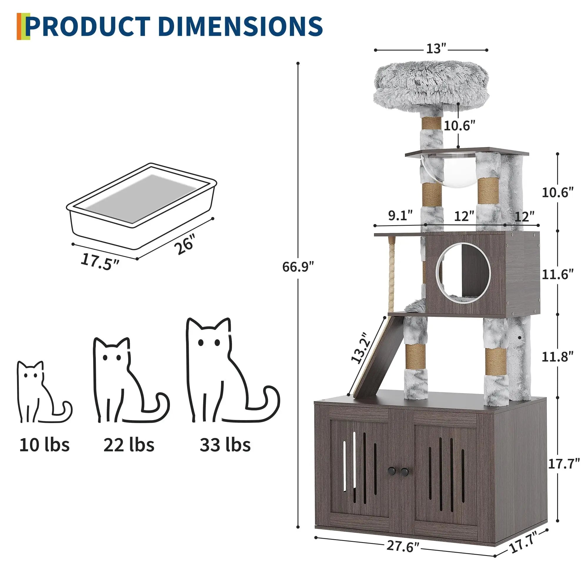 66.9in Multi-Level Cat Tree Tower with Enclosed Litter Box