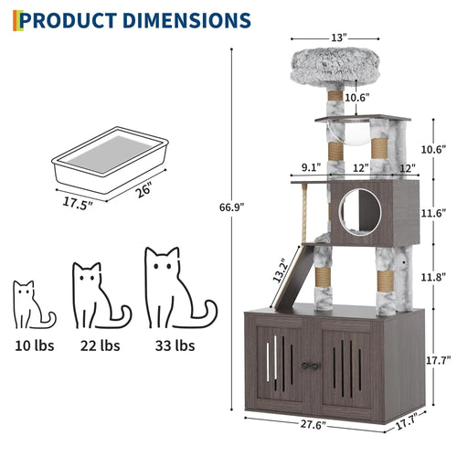 66.9in Multi-Level Cat Tree Tower with Enclosed Litter Box