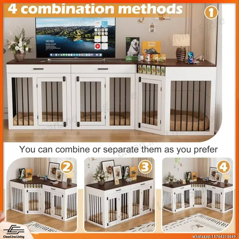 Heavy-Duty Wooden Dog Crate Furniture with Storage Drawers & Power Outlet