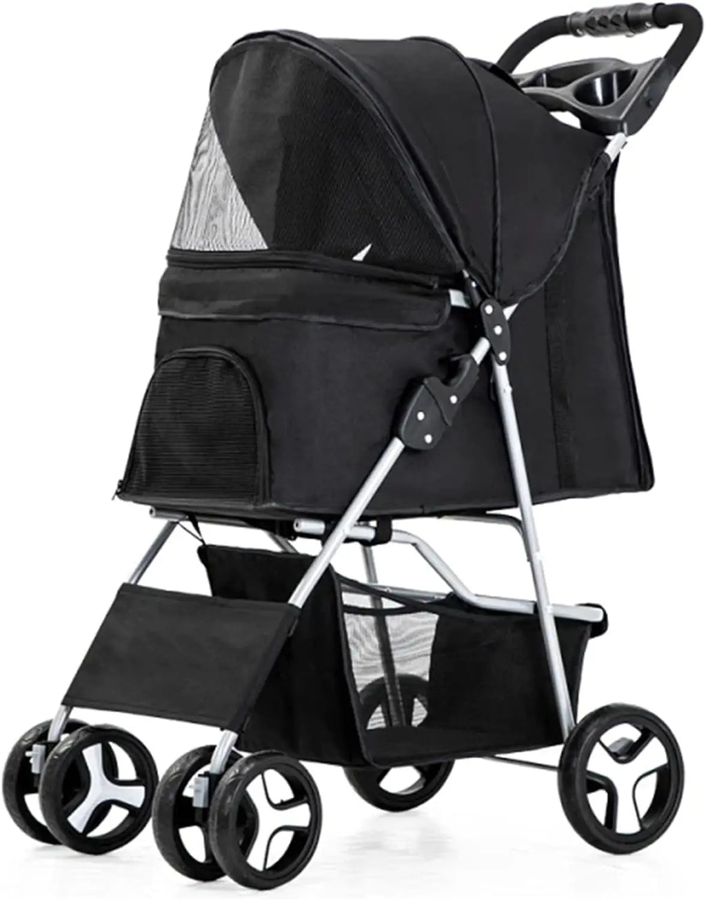 4-Wheel Pet Jogger Stroller with Cup Holder & Storage Basket - Travel Pushchair for Small & Medium Dogs & Cats