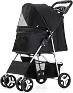 4-Wheel Pet Jogger Stroller with Cup Holder & Storage Basket - Travel Pushchair for Small & Medium Dogs & Cats