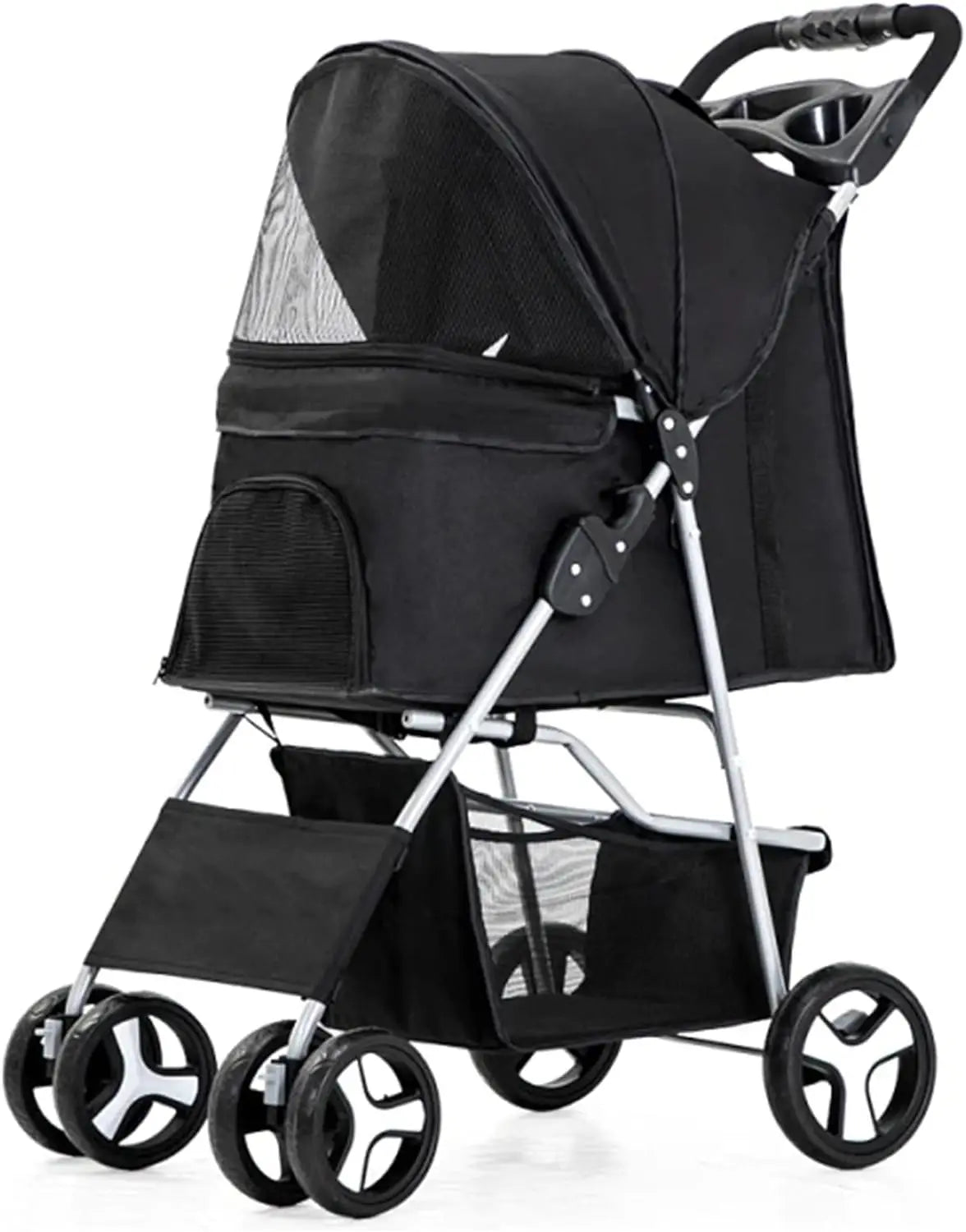 4-Wheel Pet Jogger Stroller with Cup Holder & Storage Basket - Travel Pushchair for Small & Medium Dogs & Cats