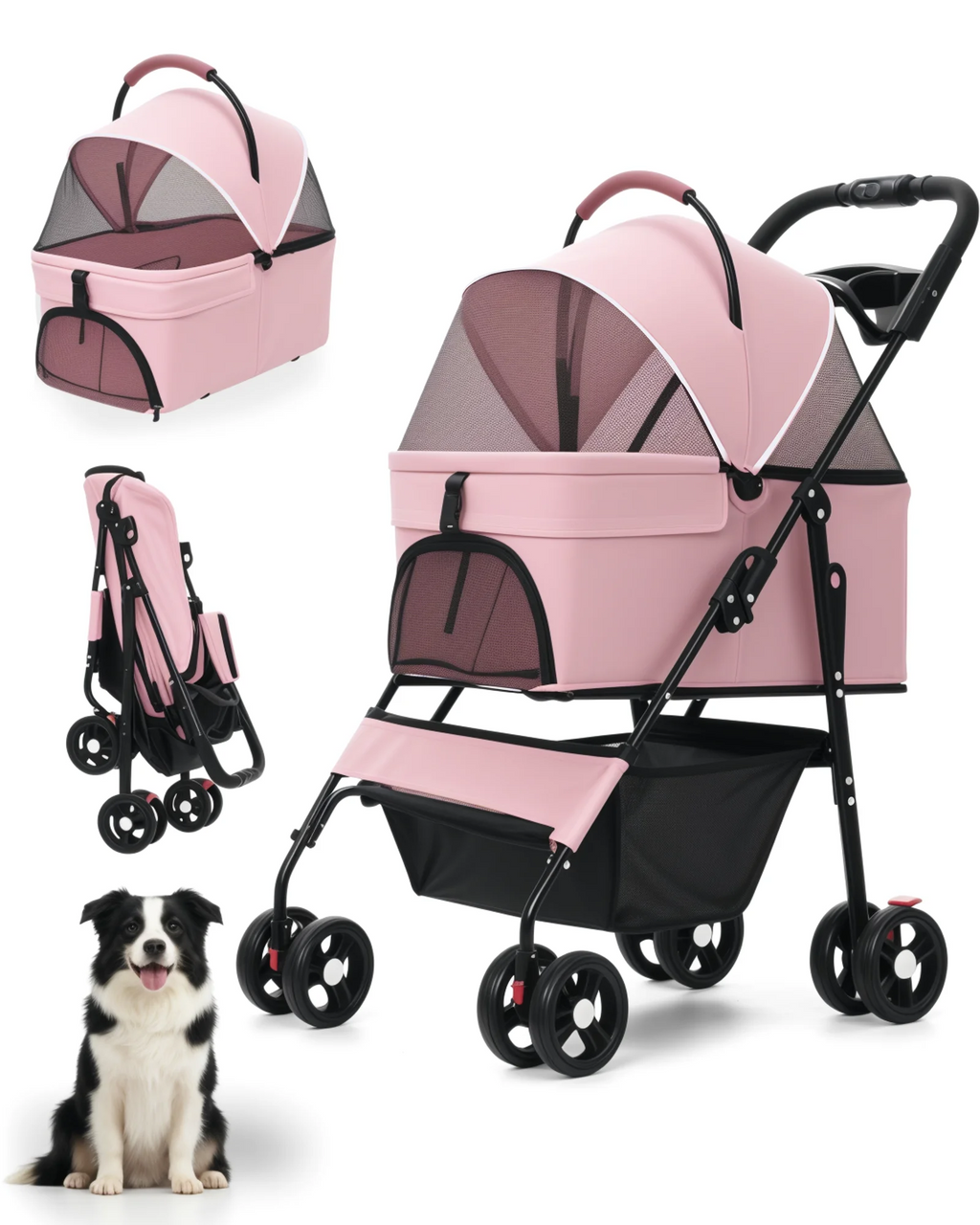 Detachable Dog Stroller 2-in-1 Pet Carrier & Stroller Foldable Lightweight 4 Wheel for Small Dogs Cats Portable Travel Pet Pram