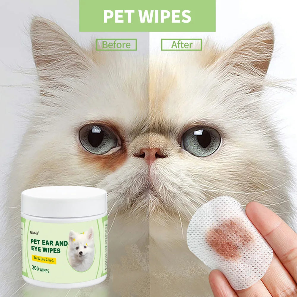 2-in-1 Pet Ear and Eye Wipes, 200 Count Mild Formula,Gentle Cleaning for Dogs and Cats Mite Removal Cat and Dog Ear Eye Cleaning