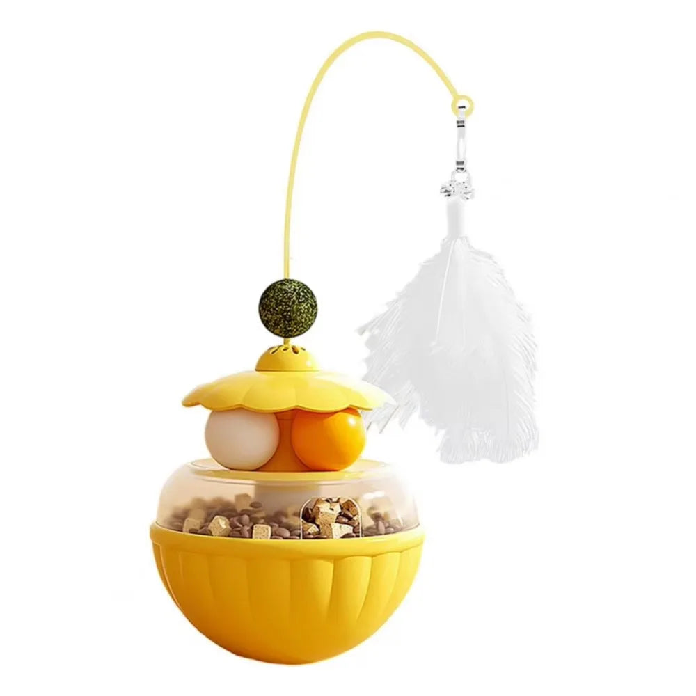 Long Rotating Feather Pole Cat Teaser with Bells & Catnip Treat Dispenser — Indoor Cat Exercise Toy