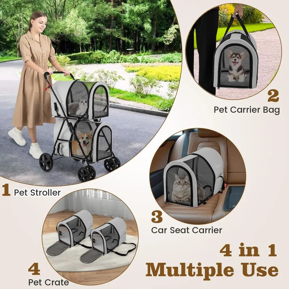 Double Dog Stroller, Foldable Pet Stroller for 2 Dogs amp Cats Small Medium Sized with Detachable Carrier on Wheels, Ideal for