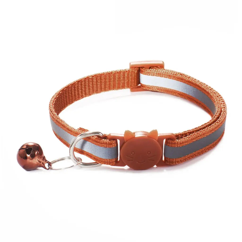 Reflective Cat Head Pattern Cat Collar with Bell — Adjustable Decorative Kitten Neck Strap