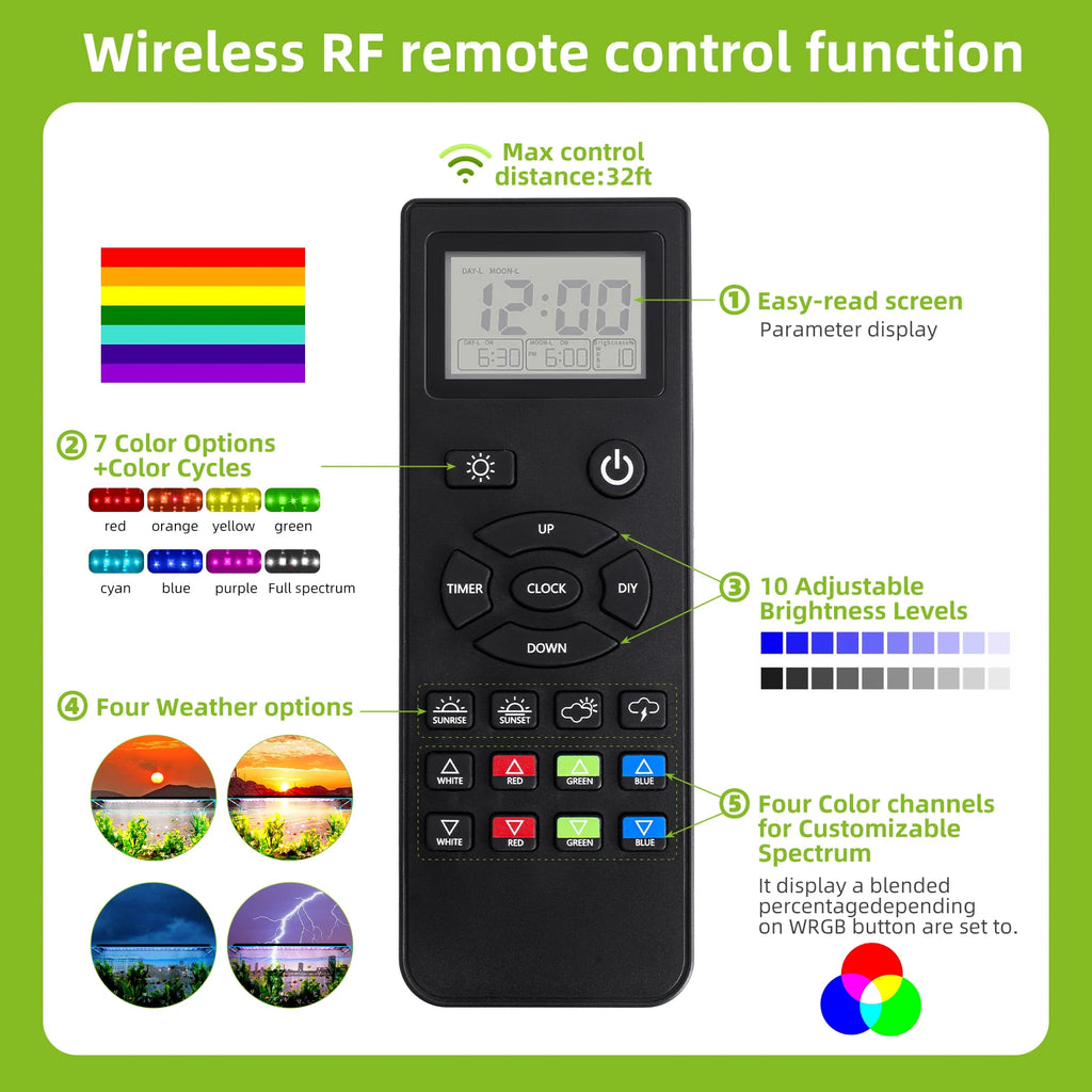 Full Spectrum Aquarium LED Light with Remote (30–60cm, IP68, Color & Brightness Control, Plant Grow)