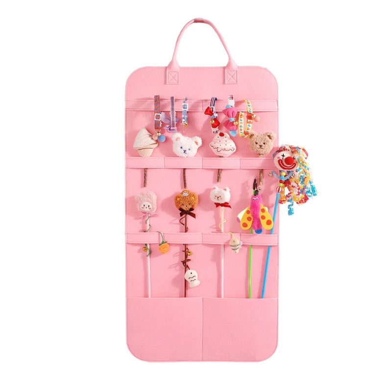 Pet Toy Storage Bag Organizer — Cat Stick, Catnip & Interactive Toy Holder with Grooming Comb Pocket
