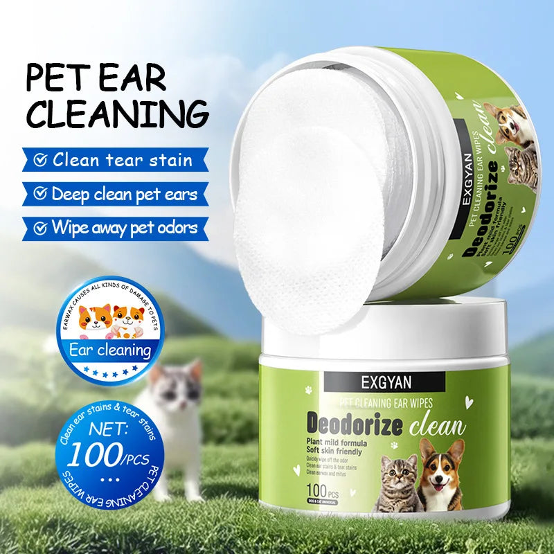 Pet Ear Cleaning Wipes 100PCS with Chamomile Extract Aloe Salicylic Acid, Remove Earwax Tear Stains for Dogs Cats