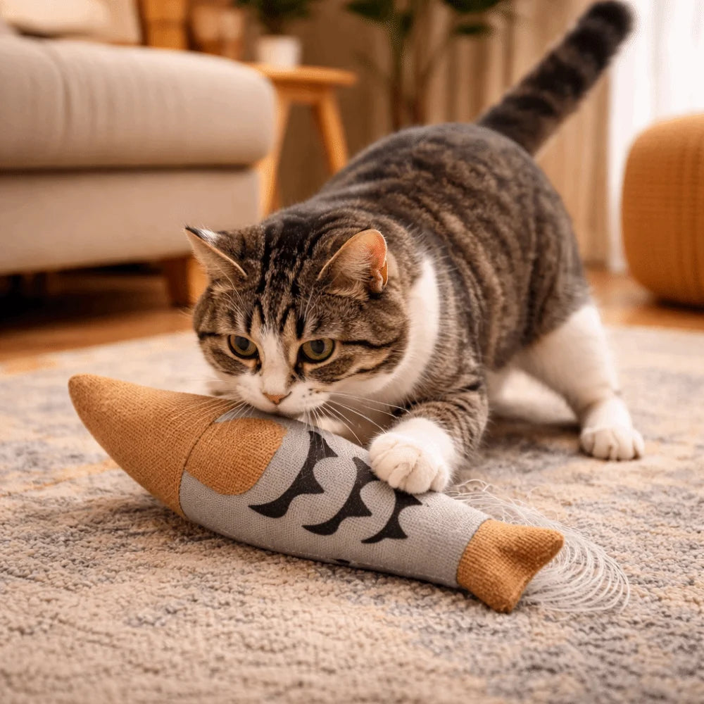 Stuffed Simulation Fish Cat Toy with Bell — Bite-Resistant Soft Squeaky Teasing Stick Fish