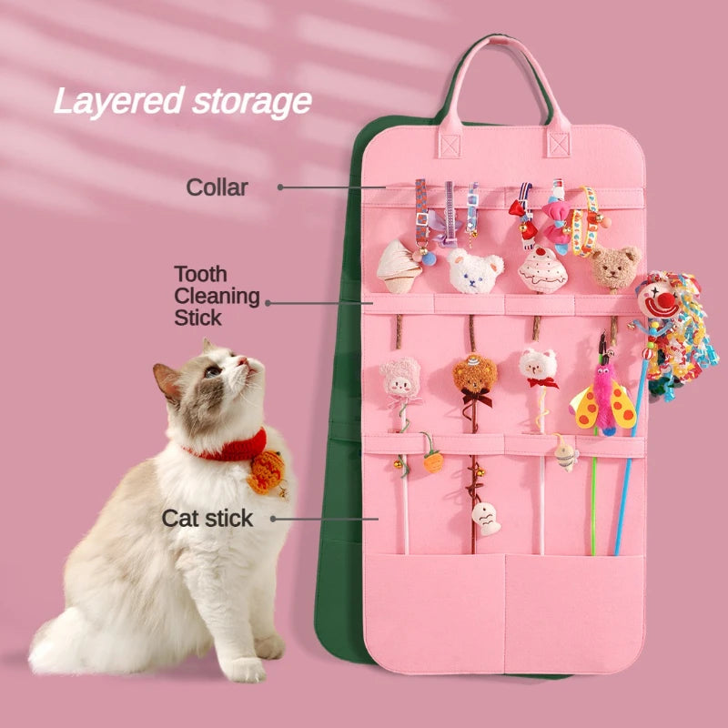 Pet Toy Storage Bag Organizer — Cat Stick, Catnip & Interactive Toy Holder with Grooming Comb Pocket
