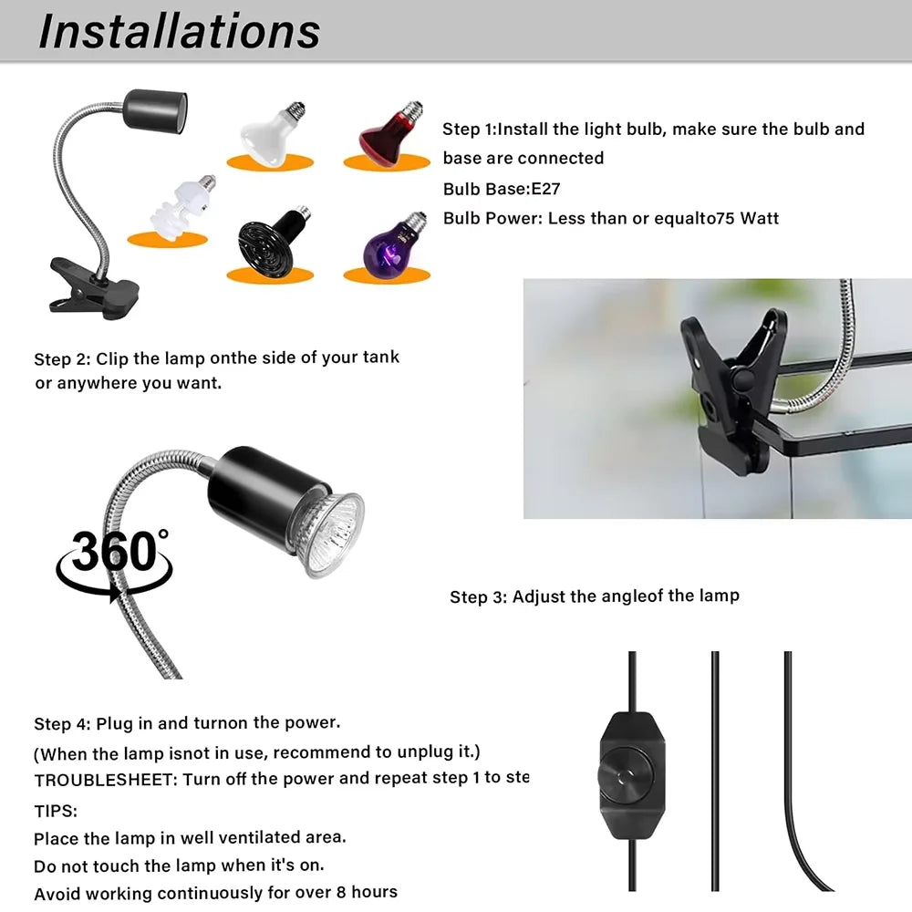 Reptile Heat Lamp With US EU Power Cord Rotatable Basking Spot Light Simulated Sunlight For Turtle Lizard Dimmable Heating Lamp