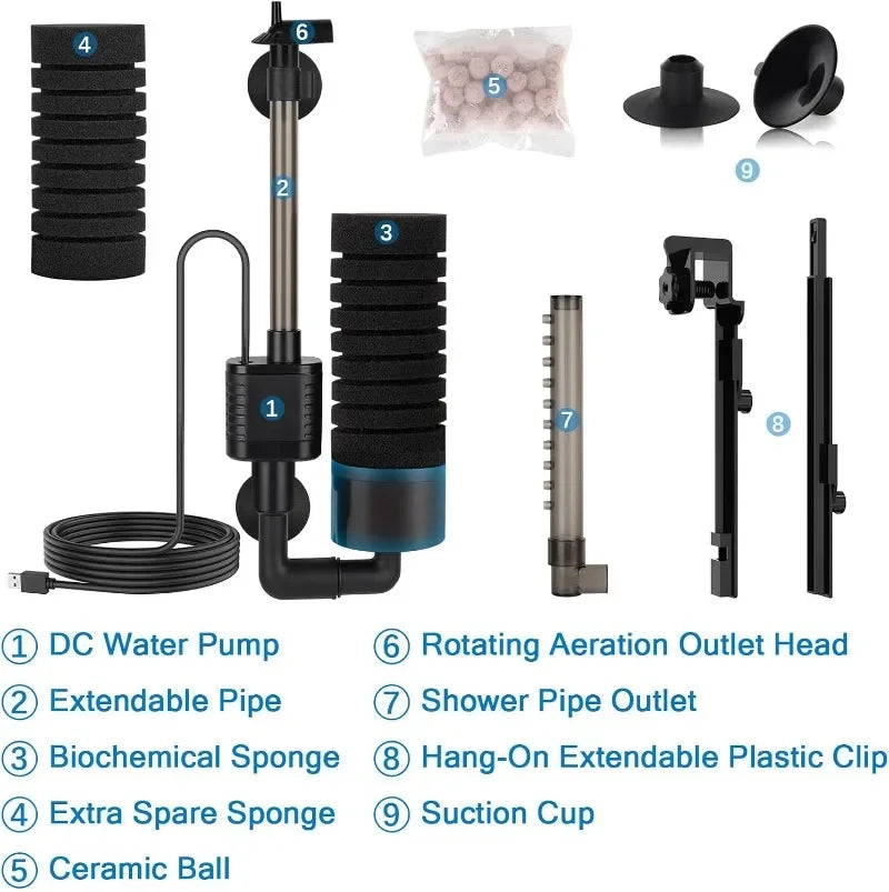 USB Aquarium Sponge Filter (Quiet, Wave Maker, Oxygenator, Freshwater & Saltwater)