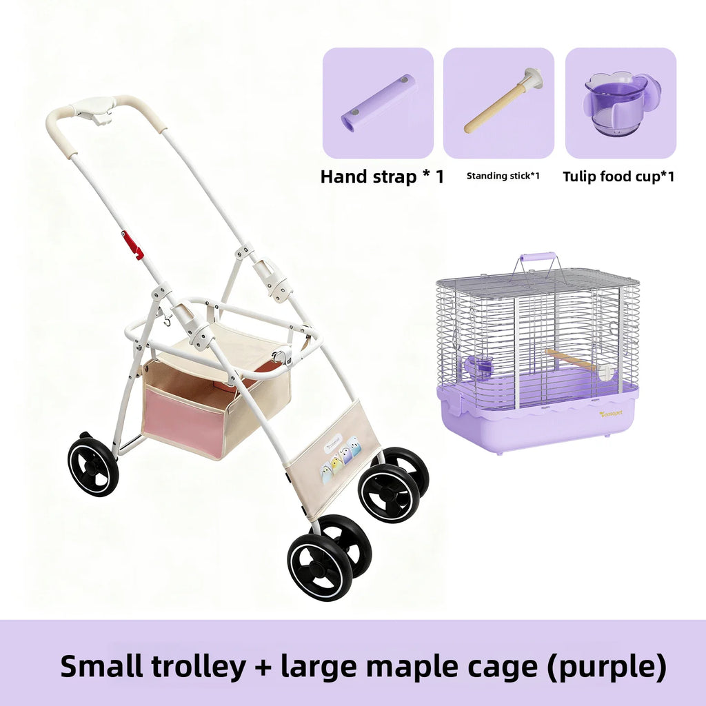 Foldable Lightweight Pet Stroller for Parrots Dogs Cats Outdoor Travel Carrier with Storage Space Portable Pet Transport Cart