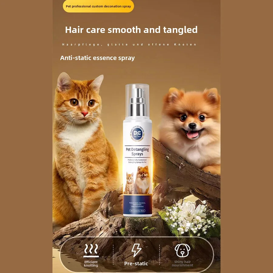 PetClear 80ml Pet Hair Detangler Spray - Anti-Tangle Anti-Static, Mild Hypoallergenic Natural, Long-Lasting Softener