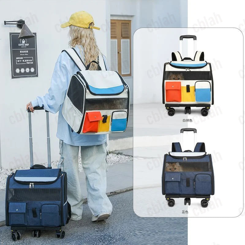 Foldable 2-in-1 Rolling Pet Carrier Backpack with Wheels (Dual-Use, Ventilated, Travel-Ready)