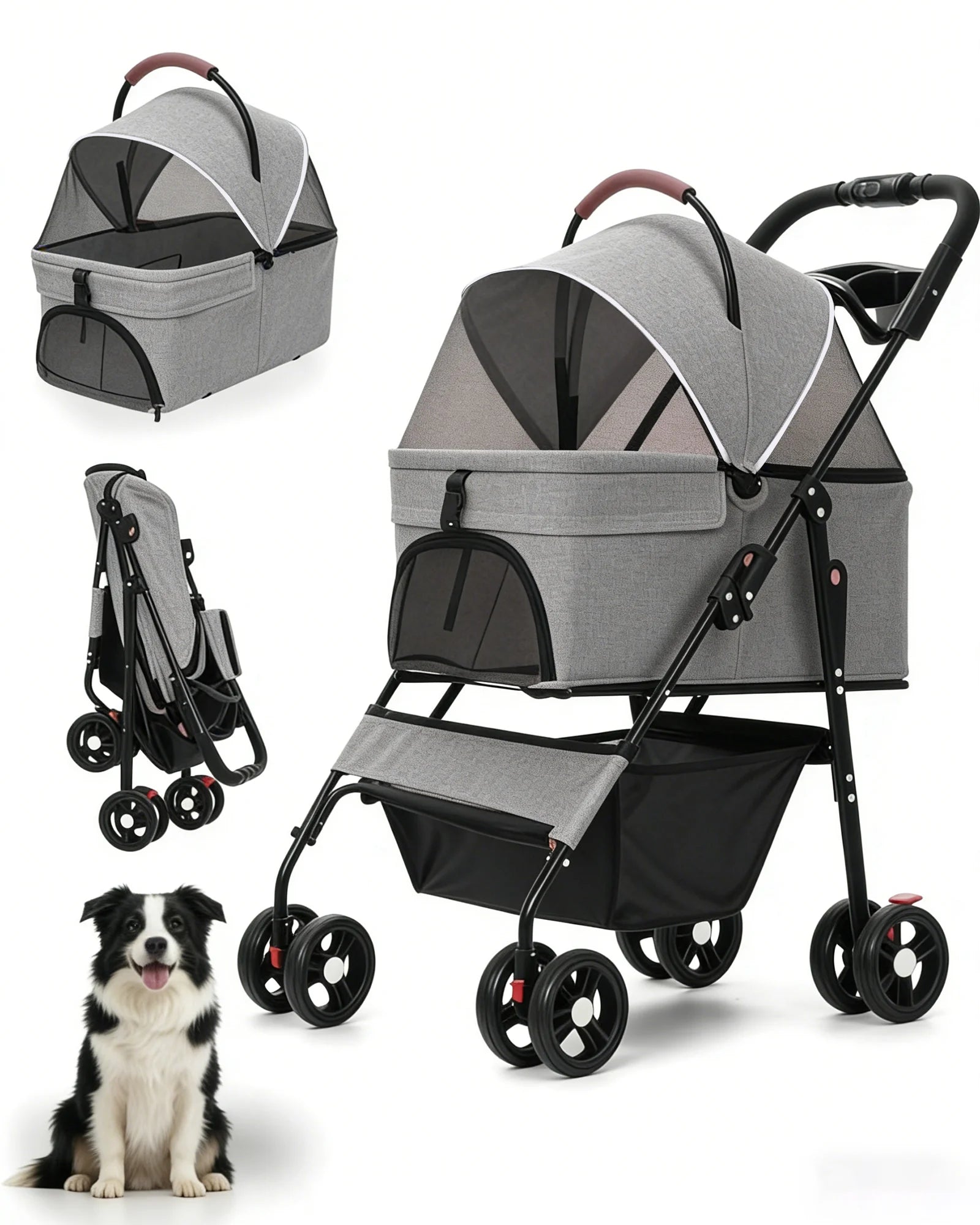 Detachable Dog Stroller 2-in-1 Pet Carrier & Stroller Foldable Lightweight 4 Wheel for Small Dogs Cats Portable Travel Pet Pram