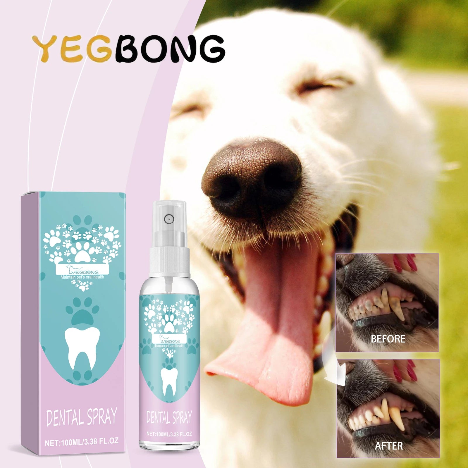 YEGBONG Pet Dental Care Spray with Gentle Plaque Removal Hypoallergenic Teeth Stain Control Formula for Dogs and Cats Sensitive