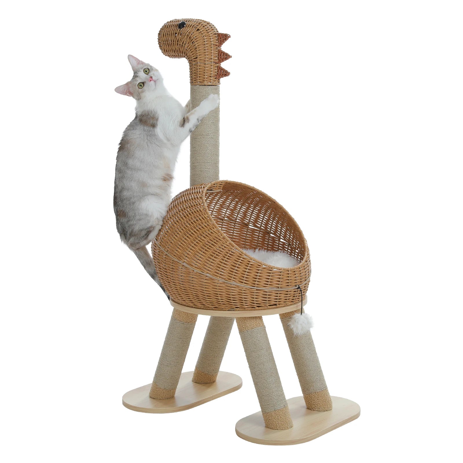 Dinosaur-Themed Rattan Cat Tree with Sisal Scratching Post