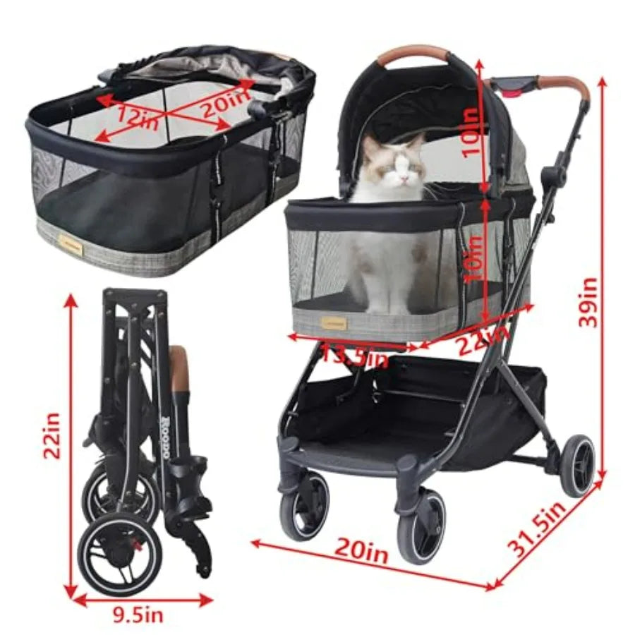 ROODO 2026 Upgraded Version 3-in-1 Dog Cat Stroller with Detachable Carrier Folding Lightweight Portable Travel Pet Gear All-Te