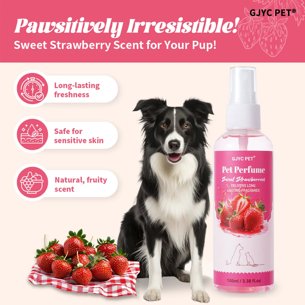 Pet Perfume Spray 100ml Sweet Strawberry Scent Long-Lasting Fragrance Alcohol-Free Odor Eliminator Non-Irritating Pet Body Odor