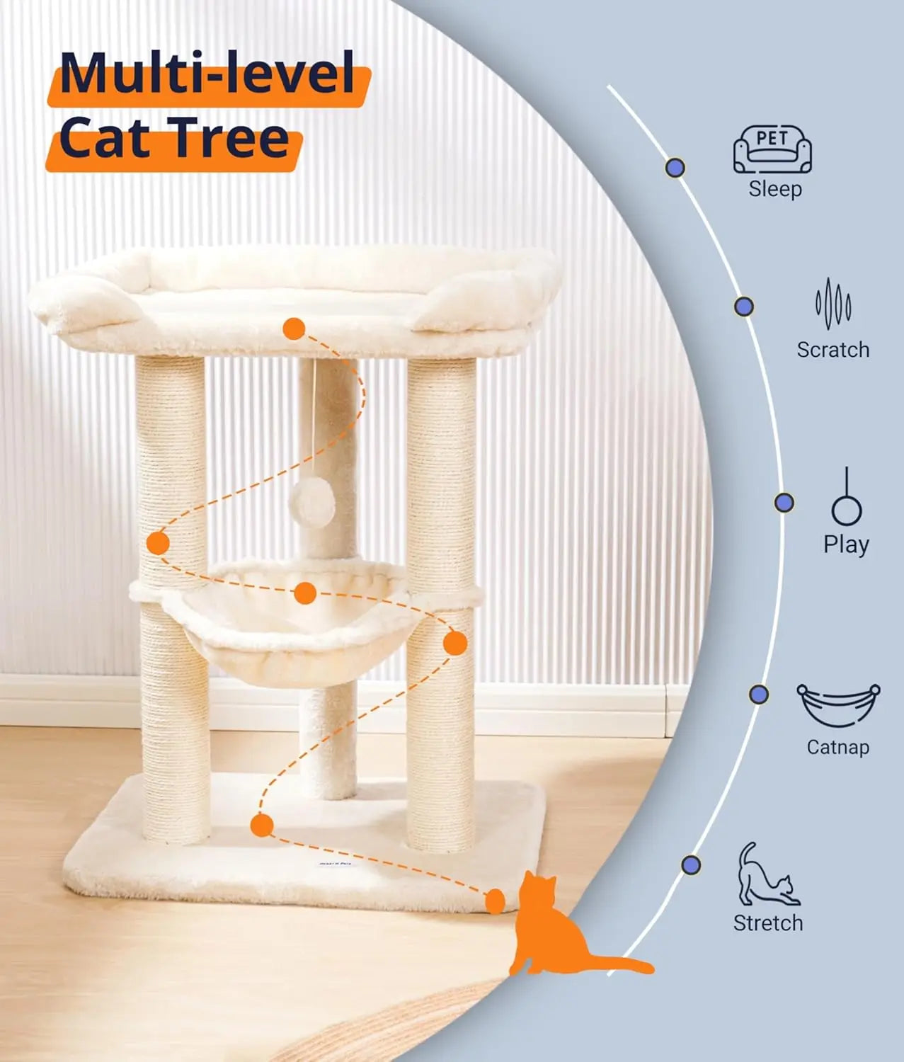 28in Cat Tree with Large Bed, Scratching Post & Hammock (Beige)