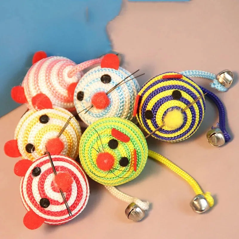 Stripe Nylon Rope Ball Mouse Cat Toy with Bell — Interactive Chew & Teaser Toy for Cats