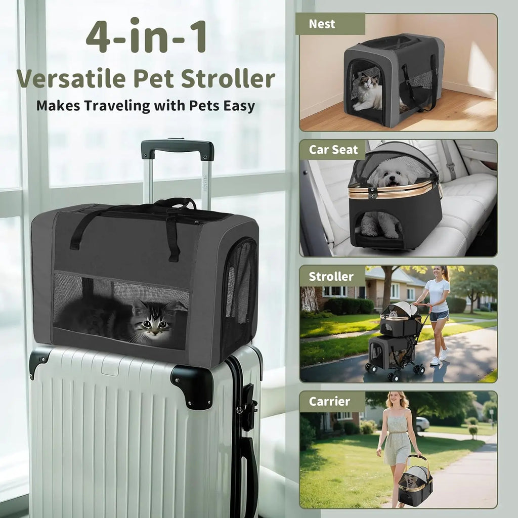 Double Pet Stroller for Dogs and Cats: Dog Stroller Foldable Travel Carriage with Detachable Carriers, Safety Belts, and 4 Locka