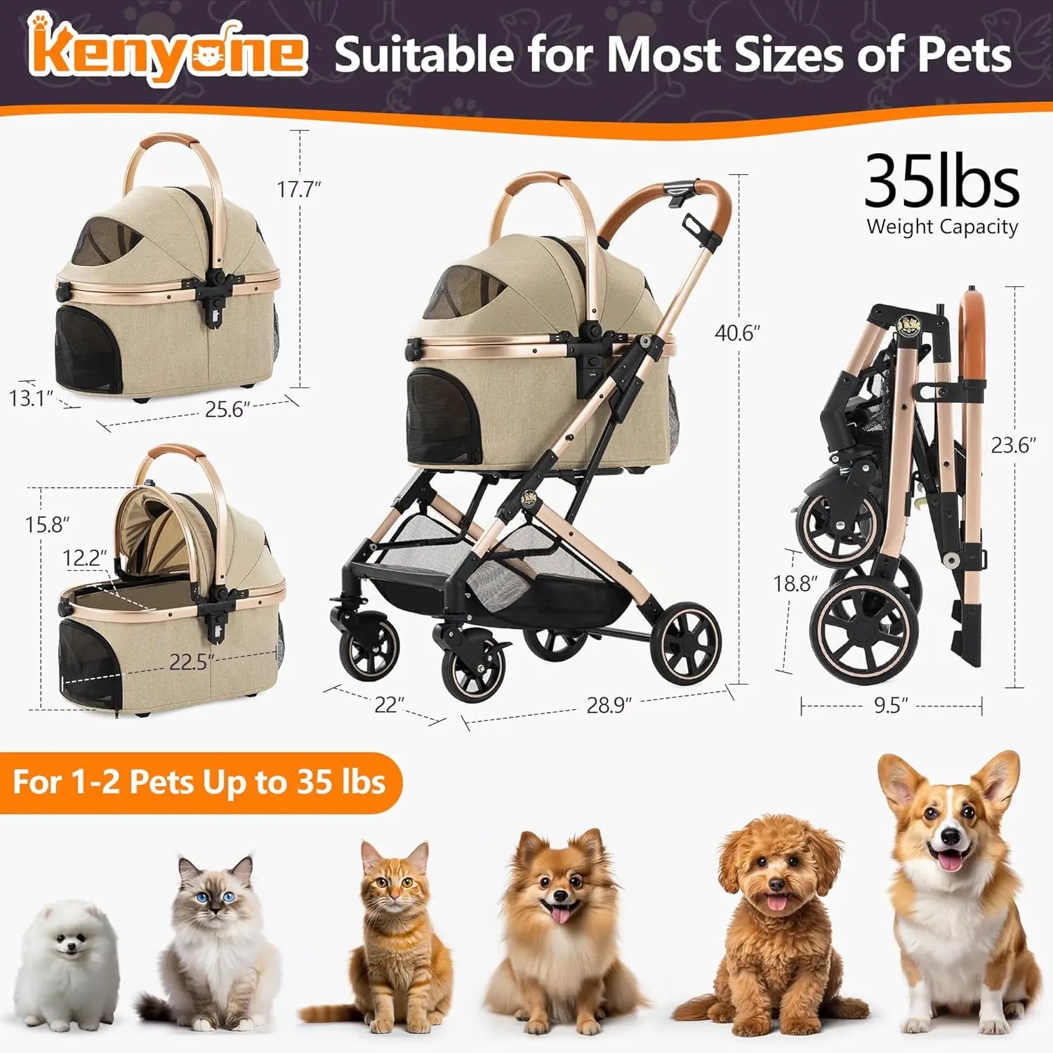 3-in-1 Pet Stroller for Outdoor Use, Aluminum Alloy, Khaki, Detachable Carrier & Pad, Lightweight, Foldable, Dual No-Zip Entry