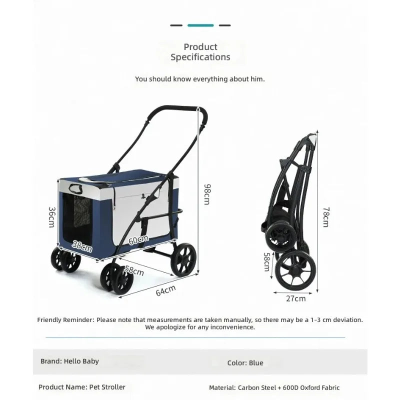 Pet Stroller Large Space, Portable Foldable Dog Cat Carrier, Detachable Design for Multiple Pets, Travel Pet Carriage