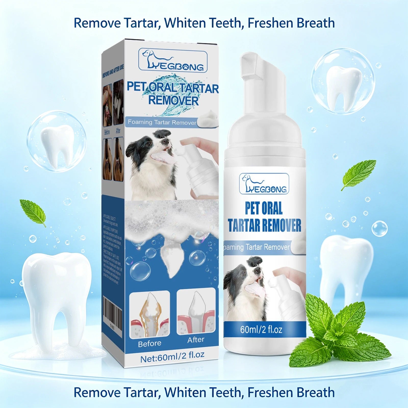 Pet Oral Tartar Remover Foam 60ml Teeth Cleaning Calculus Yellow Teeth Removal Fresh Breath Eliminate Bad Breath Pet Oral Care