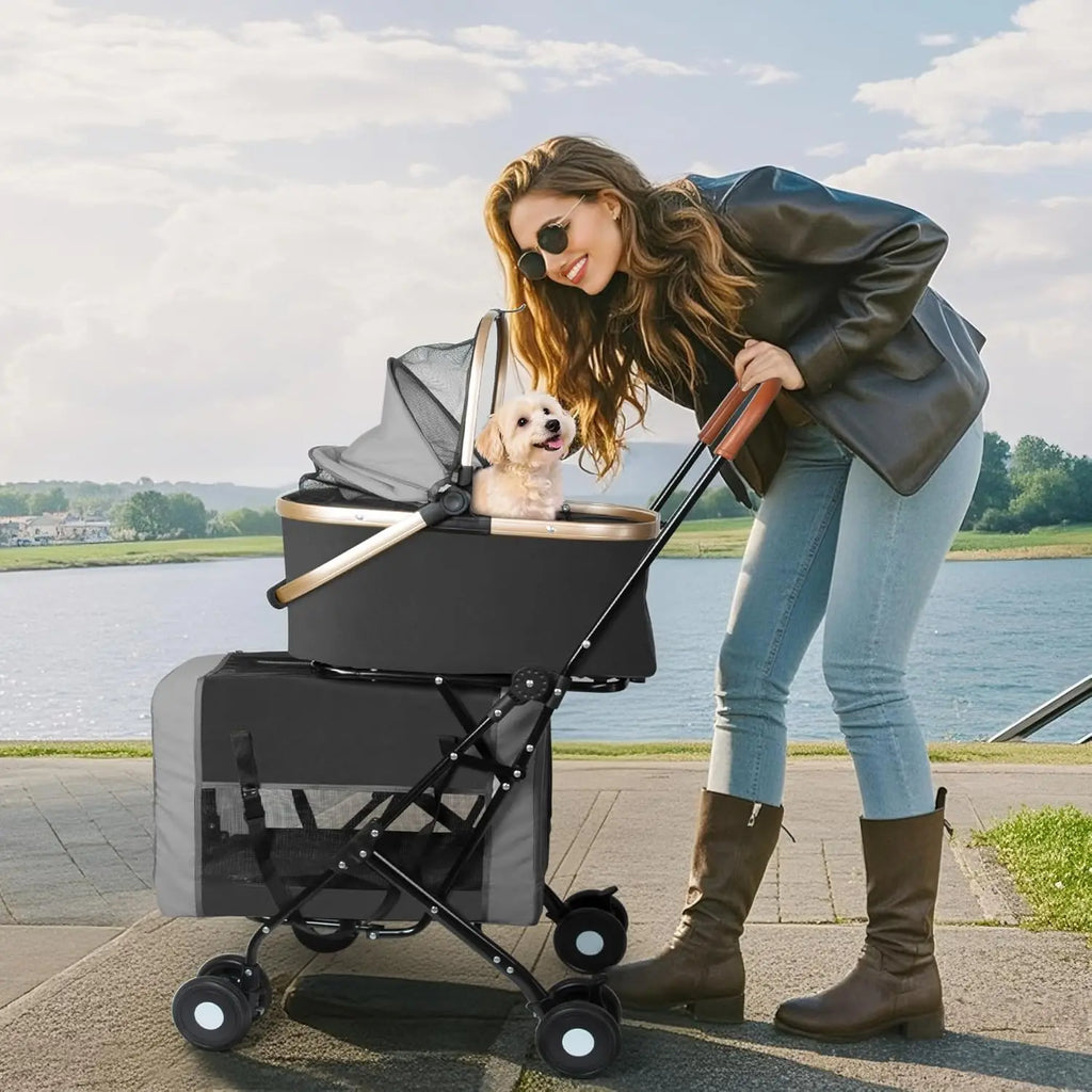 Double Pet Stroller for Dogs and Cats: Dog Stroller Foldable Travel Carriage with Detachable Carriers, Safety Belts, and 4 Locka