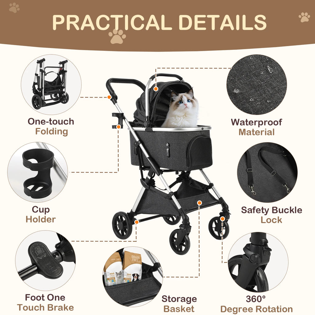 4-Wheel Pet Stroller with Detachable Carrier (Foldable, up to 50lbs)