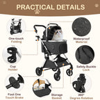 4-Wheel Pet Stroller with Detachable Carrier (Foldable, up to 50lbs)