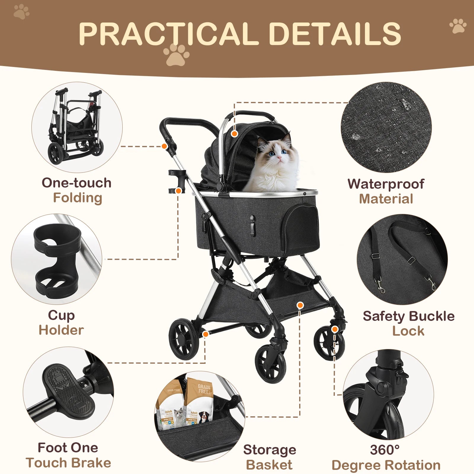 4-Wheel Pet Stroller with Detachable Carrier (Foldable, up to 50lbs)