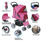 4-Wheel Foldable Pet Stroller with Storage Basket for Dogs & Cats - Lightweight Outdoor Travel Cart