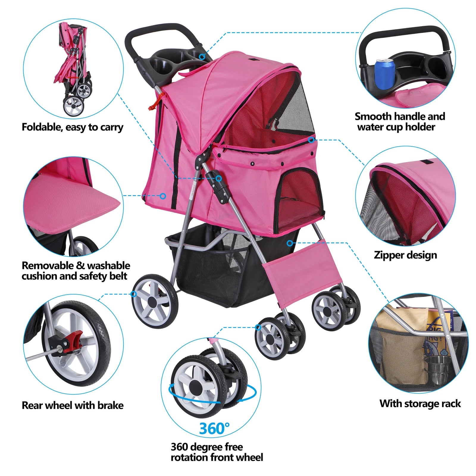 4-Wheel Foldable Pet Stroller with Storage Basket for Dogs & Cats - Lightweight Outdoor Travel Cart